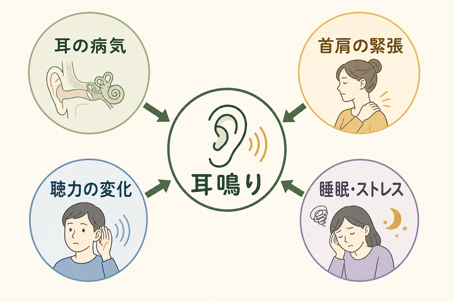 耳鳴りに関係する耳の病気、聴力の変化、首肩の緊張、睡眠ストレスを説明するgpt-image-2生成図