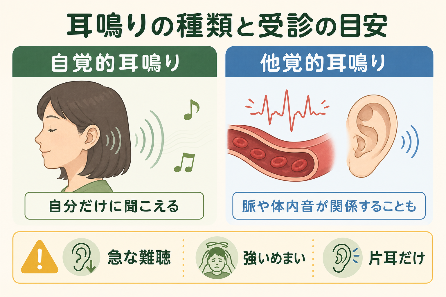 自覚的耳鳴りと他覚的耳鳴り、受診目安を説明するgpt-image-2生成イラスト